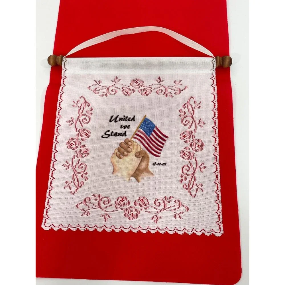 Vintage Banner Lace 911 Flag USA “United we Stand” Clasped Hands Unity Patriotic